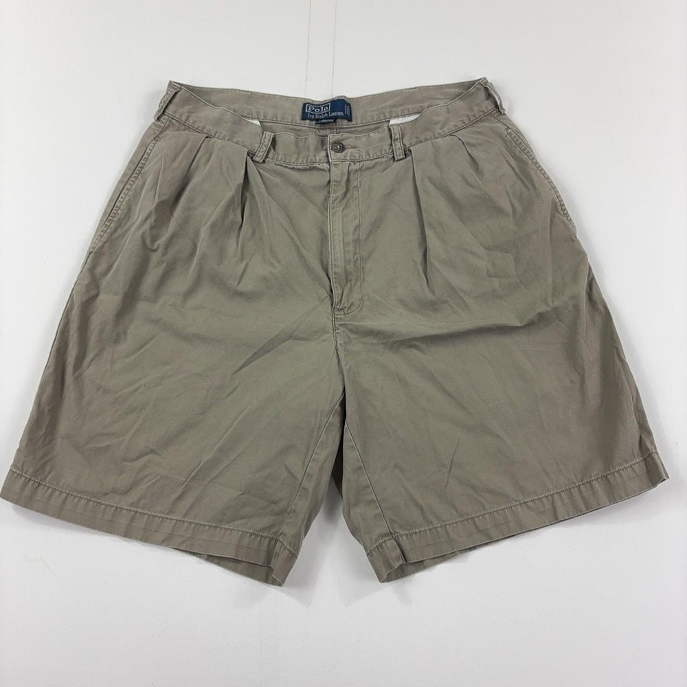 Vintage Polo Ralph Lauren Shorts Mens 35 Beige Cotton Pleated Chino 11 Inseam